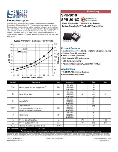 Sirenza SPB-3018 MMIC Amplifier Datasheet - cover page