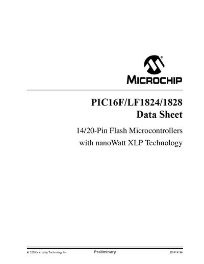 Microchip PIC16F/LF1824/1828 Data Sheet - cover page