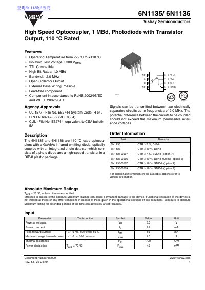 Vishay 6N1135/6N1136 High Speed Optocoupler Datasheet - cover page