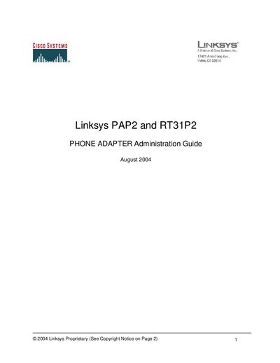 Linksys PAP2/RT31P2 Phone Adapter Administration Guide - cover page