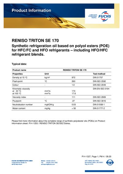 Fuchs RENISO TRITON SE 170 Synthetic Refrigeration Oil Product Information Sheet - cover page