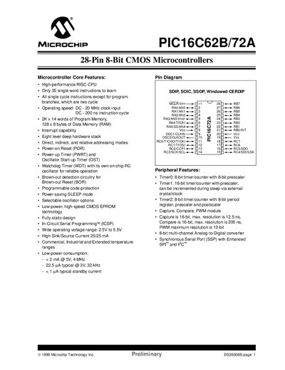 Microchip PIC16C62B/72A Datasheet - cover page