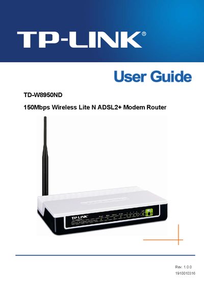 TP-Link TD-W8950ND 150Mbps Wireless Lite N ADSL2+ Modem Router User Guide - cover page