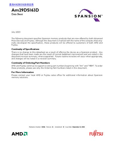 Spansion Am29DS163D Flash Memory Datasheet - cover page