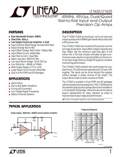LINEAR TECHNOLOGY LT1632/LT1633 sn1632 16323fs 45MHz 45V/ s Dual/Quad Rail-to-Rail Input Output Precision Op Amps - cover page