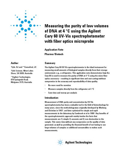 Agilent Cary 60 UV-Vis Spectrophotometer Application Note: Measuring DNA Purity at 4 °C with Fiber Optics Microprobe - cover page