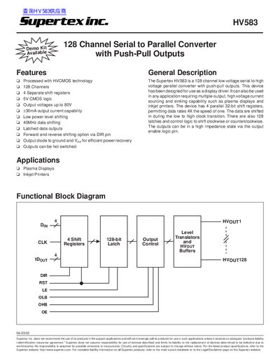 Supertex HV583 128‑Channel Serial‑to‑Parallel Converter Datasheet - cover page