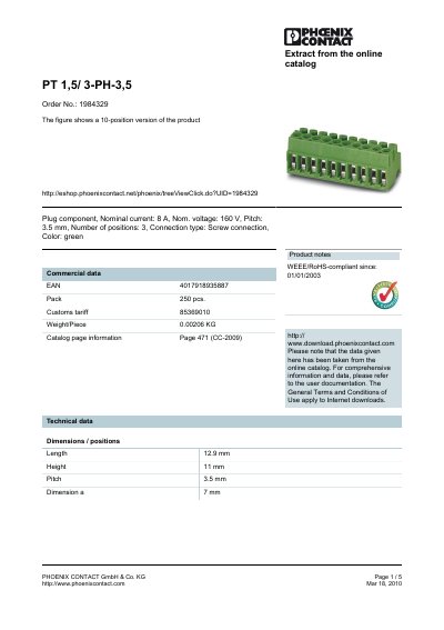 Phoenix Contact PT 1.5/3-PH-3.5 Plug Component Product Leaflet - cover page