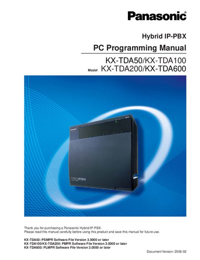 Panasonic KX‑TDA50/KX‑TDA100/KX‑TDA200/KX‑TDA600 PC Programming Manual - cover page