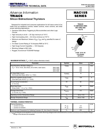 Motorola MAC15S Series Triac Datasheet