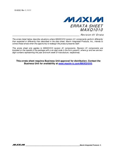 Maxim MAXQ1010 Errata Sheet - cover page