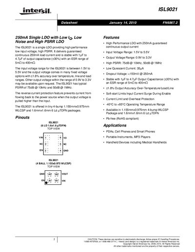 Intersil ISL9021 250 mA Low‑Dropout Regulator Datasheet - cover page