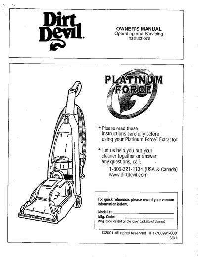 Dirt Devil Platinum Force Carpet Shampooer Owner's Manual