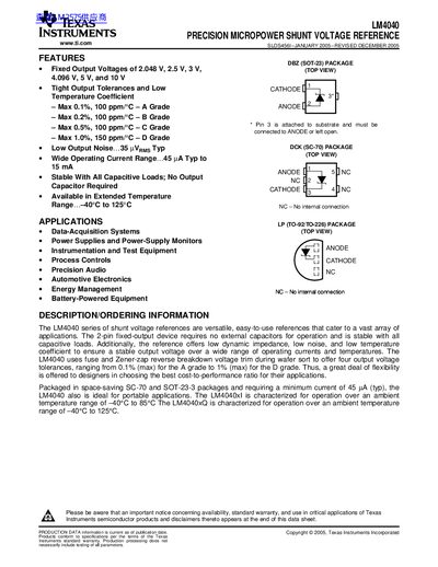 Texas Instruments LM4040 Precision MicroPower Shunt Voltage Reference Datasheet - cover page