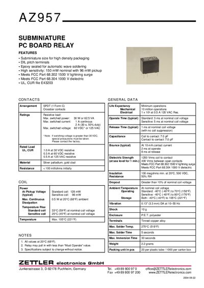 ZETTLER AZ957 Subminiature PC Board Relay Datasheet - cover page