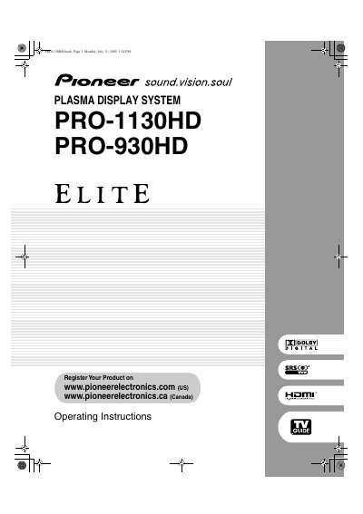 Pioneer PRO-1130HD/PRO-930HD Plasma Display System Operating Instructions - cover page