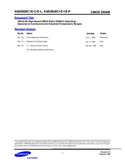 Samsung K6E0808C1E-C/E-L K6E0808C1E-I/E-P Data Sheet - cover page