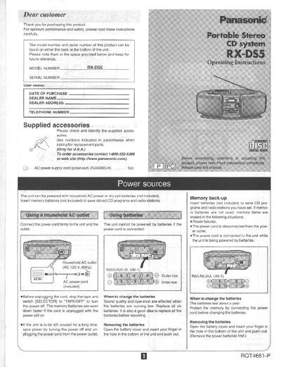Panasonic RX-DS5 Portable Stereo CD System Operating Instructions - cover page