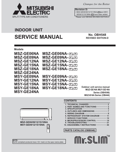 Mitsubishi Electric MSZ‑GE06NA to MSY‑GE24NA Indoor Unit Service Manual - cover page