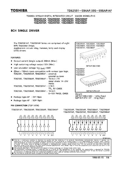 Toshiba TD62591~594AP,595~598AP/AF 8‑Channel Driver Datasheet - cover page