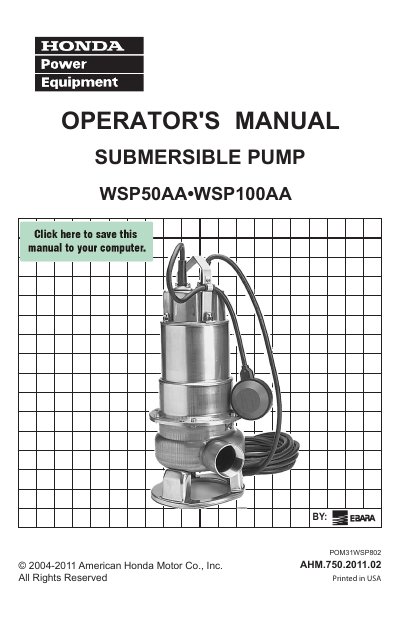 Honda WSP50AA/WSP100AA Submersible Pump Operator's Manual - cover page