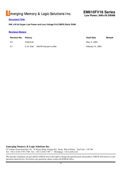 Emerging Memory & Logic Solutions EM610FV16 Low Power 64Kx16 SRAM Datasheet - cover page