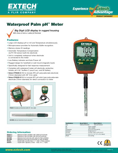 EXTECH PH220-C ..............Waterproof Palm pH Meter with cabled pH electrode PH220-S ..............Waterproof Palm pH Meter with stick pH electrode 6015WC ..............Waterproof pH electrode with  - cover page