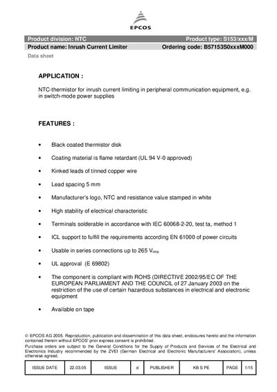 EPCOS Product division: NTC Product type: S153/xxx/M Product name: Inrush Current Limiter Ordering code: B57153S0xxxM000 handbook - cover page