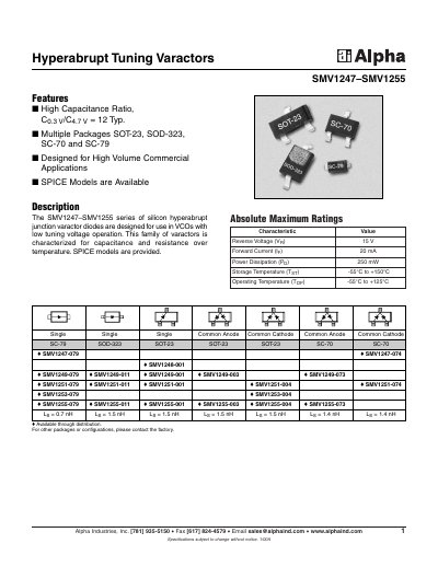 Alpha Industries SMV1247-SMV1255 Hyperabrupt Tuning Varactors Datasheet - cover page