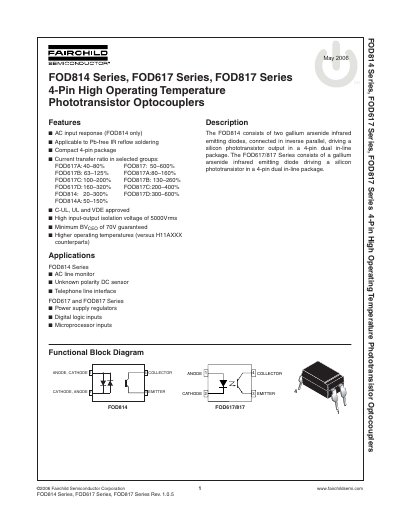 FAIRCHILD SEMICONDUCTOR FOD814 Series FOD617 Series FOD817 Series 4-Pin High Operating Temperature Phototransistor Optocouplers Manual - cover page