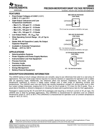 Texas Instruments LM4040 Precision MicroPower Shunt Voltage Reference Datasheet - cover page