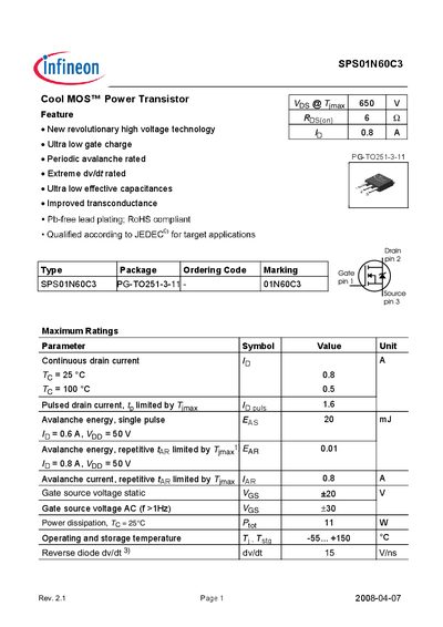 Infineon SPS01N60C3 Power Transistor Datasheet - cover page
