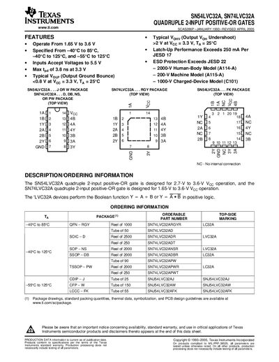 Texas Instruments SN54LVC32A / SN74LVC32A Quadruple 2-Input Positive-OR Gates Datasheet - cover page