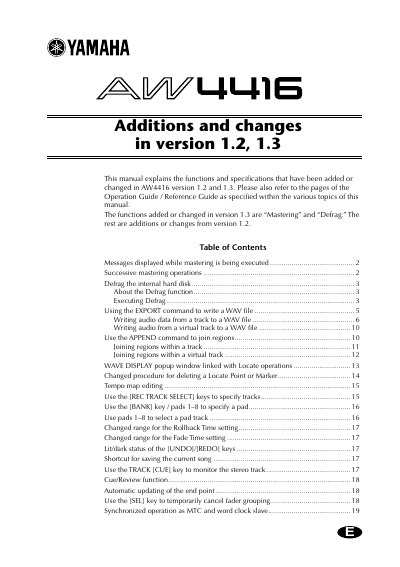 Yamaha AW4416(1) Professional Audio Workstation Reference Guide - cover page