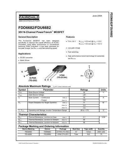 Fairchild FDD6682/FDU6682 30V N-Channel PowerTrench MOSFET Datasheet - cover page