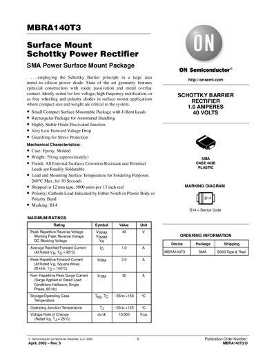 ON Semiconductor MBRA140T3 Surface Mount Schottky Power Rectifier Datasheet - cover page