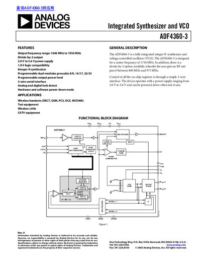 Analog Devices ADF4360-3 Integrated Synthesizer and VCO Datasheet - cover page