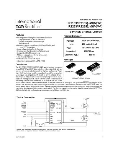 lnternational IOR Rectifier IR2133/IR2135(J S) (PbF) IR2233/IR2235(J S) (PbF) 3-PHASE BRIDGE DRIVER handbook - cover page
