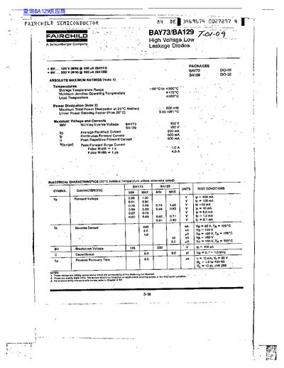 Fairchild BAY73/BA129 High Voltage Low Leakage Diodes Datasheet - cover page