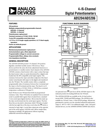Analog Devices AD5204/AD5206 Digital Potentiometer Datasheet Rev C - cover page