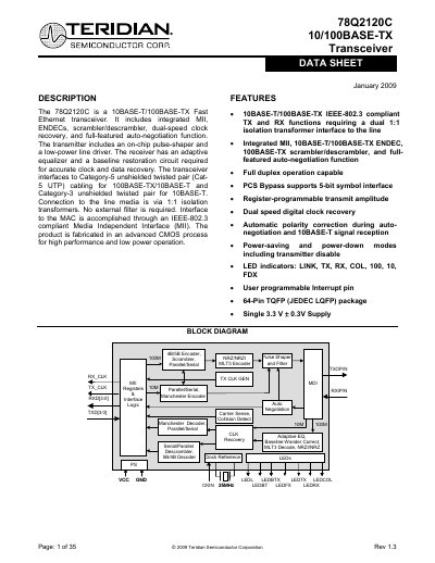 Teridian 78Q2120C 10/100BASE-TX Transceiver Data Sheet