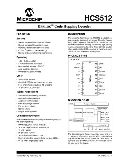 Microchip HCS512 Datasheet - cover page
