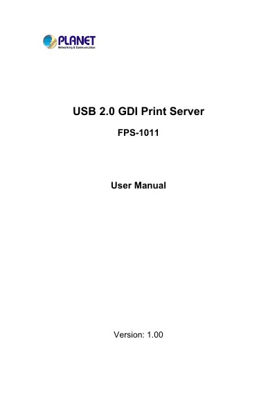 PLANET FPS-1011 USB 2.0 GDI Print Server User Manual - cover page