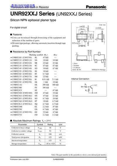 Panasonic UNR92XXJ Series Transistor Datasheet - cover page