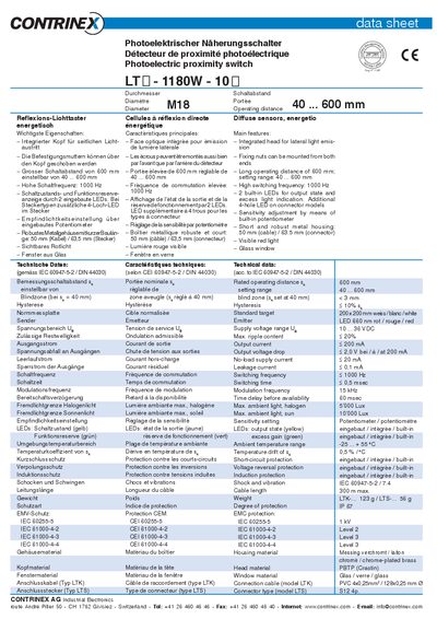Contrinex LTO-1180W-100 Photoelectric Proximity Switch Datasheet - cover page