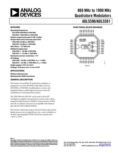 Analog Devices ADL5590/ADL5591 Quadrature Modulator Datasheet - cover page