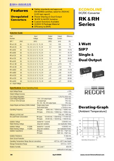RECOM RK RH Series 1 Watt SIP7 Single Dual Output handbook - cover page