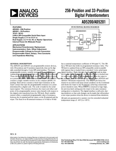 Analog Devices AD5200/AD5201 Digital Potentiometer Datasheet - cover page
