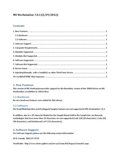 Agilent MS Workstation 7.0.1 Release Notes - cover page