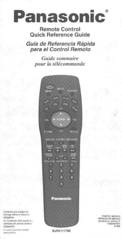 Panasonic EUR511170B Remote Control Quick Reference Guide - cover page